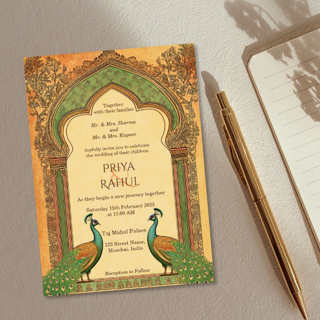 Eleganten Guld Peacock Indiska Bröllop Inbjudningar (gold indian wedding invitation with peacocks)