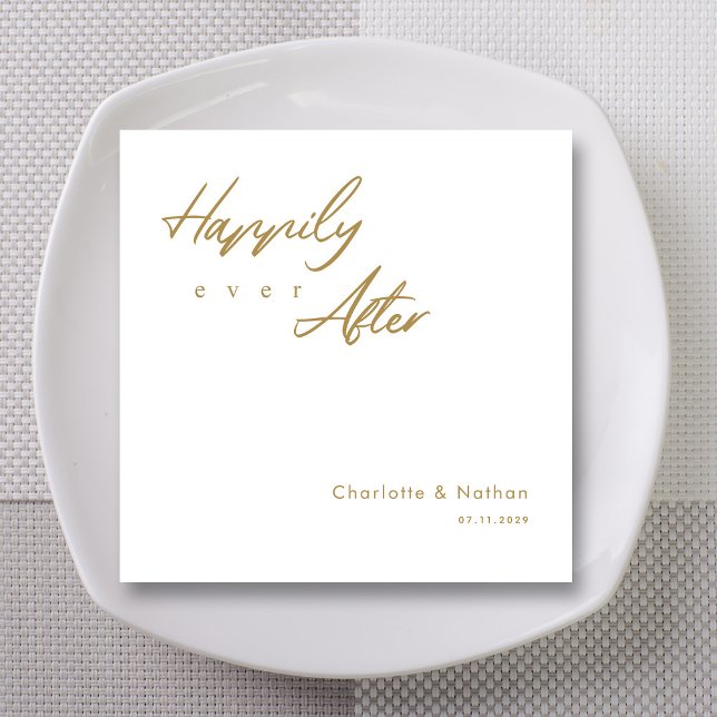 Eleganten Guld Script Bröllop Pappersservett (Elegant 'Happily Ever After' Gold Script Wedding Napkins)