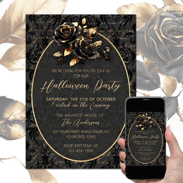 Eleganten Halloween, den gotiska svarta dammen gul Inbjudningar (Black gold elegant gothic Halloween party invitation, damask pattern, black gold roses)