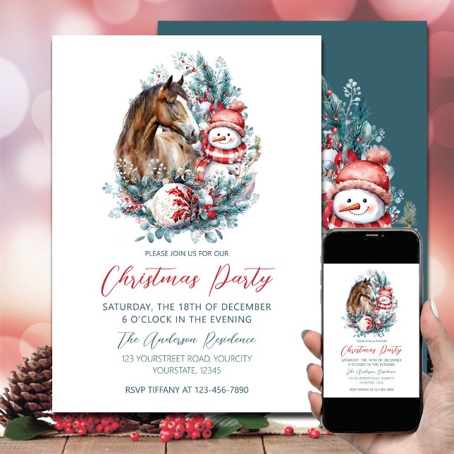 Eleganten Horse snögubbe, julvattenfärg Inbjudningar (Horse snowman Christmas invitation)