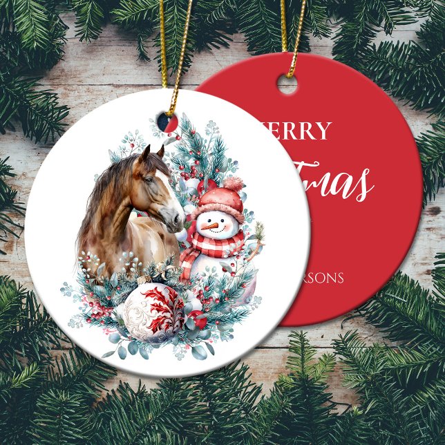 Eleganten Horse snögubbe, julvattenfärg Julgransprydnad Keramik (Horse snowman Christmas watercolor elegant Ceramic Ornament)