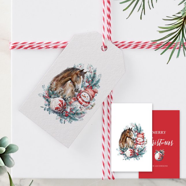Eleganten Horse snögubbe, julvattenfärg Presentetikett (Horse snowman Christmas gift tag, horse lover, equestrian Christmas)