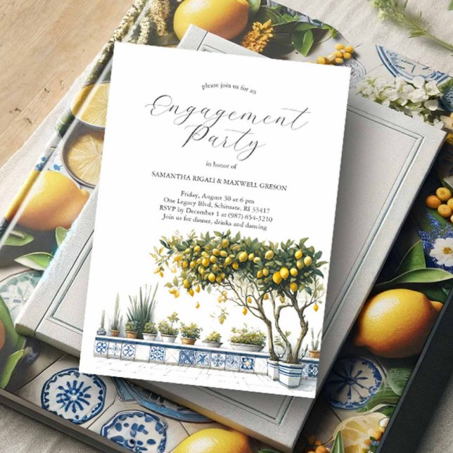 Eleganten Inbjudningar till förlovning Alfresco Te (Lemon themed engagement party invitations with blue and yellow colors)