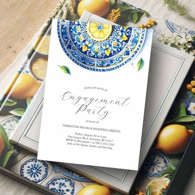 Eleganten Inbjudningar till förlovning Alfresco Te (Engagement party invitations yellow and blue lemon Italian theme by Victoria Grigaliunas)