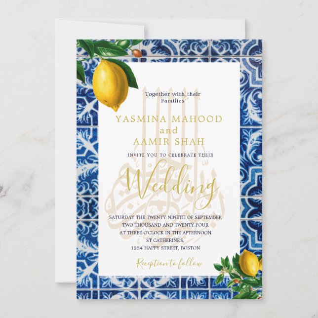 Eleganten Islamic Bröllop Lemons Blue White Tiles Inbjudningar (Framsida)