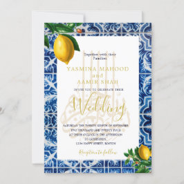 Eleganten Islamic Bröllop Lemons Blue White Tiles Inbjudningar