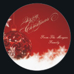 Eleganten Jul Boll, Snöflingor Runt Klistermärke<br><div class="desc">Elegant christmas boll och snöflingor på röd bakgrund.</div>