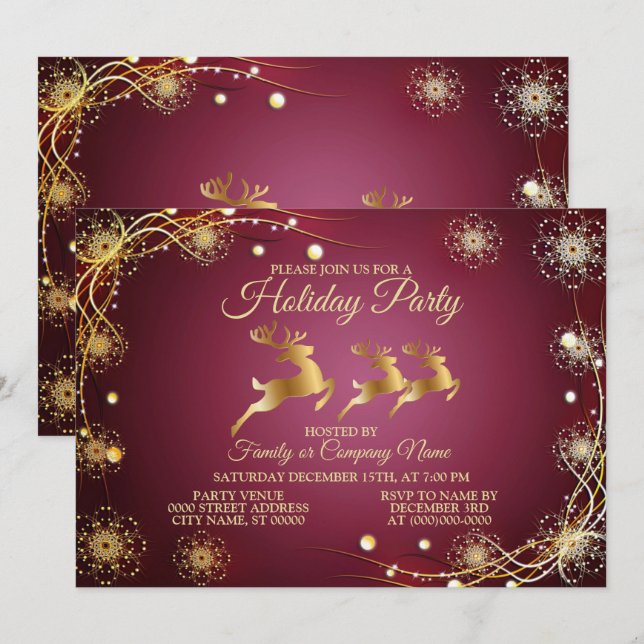 Eleganten Jul Party Golden Reindeers Red Rosa Inbjudningar (Fram/baksida)
