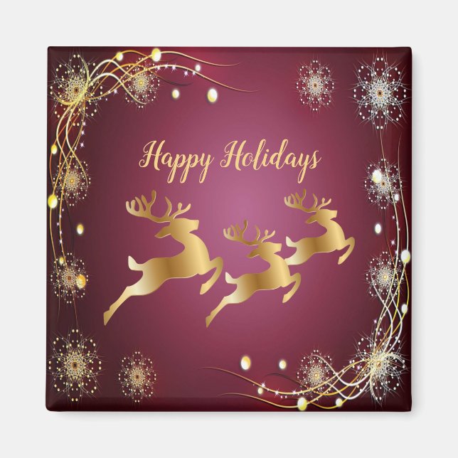 Eleganten Jul Party Golden Reindeers Red Rosa Magnet (Framsidan)