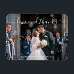 Eleganten kärlek och Tack fotot Bröllop Magnet<br><div class="desc">Modern och söt bröllopsmagnet med en enkel design med ditt favoritfoto och ord,  "kärlek och tack" i ett vitt handskript med dekorationer överst och namn i ett sans serif-teckensnitt vid grund. Den här magneten gör en underbar bröllopsförmån.</div>