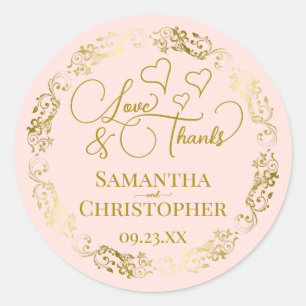 Eleganten kärlek & Tack Rosa & Guld Bröllop Runt Klistermärke