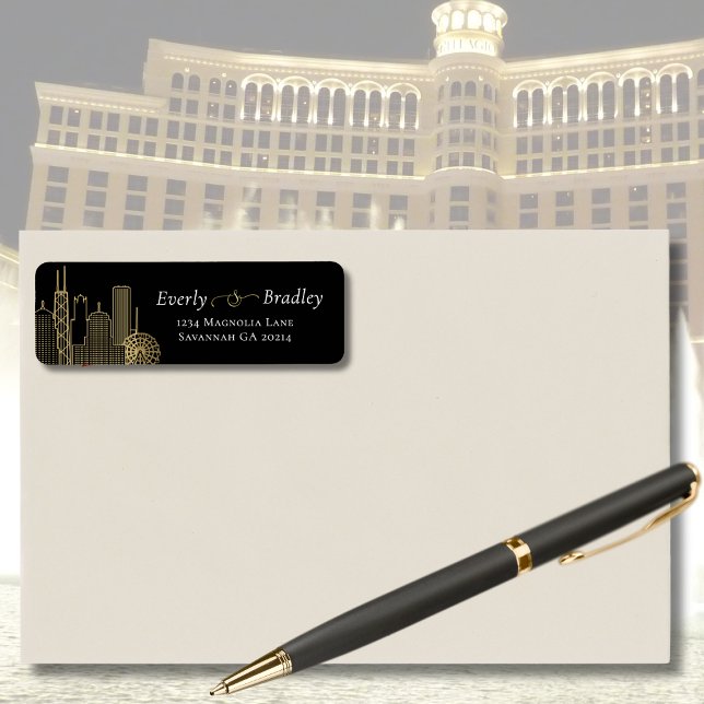 Eleganten Las Vegas Skyline Black White Guld Returadress Etikett (Skapare uppladdad)