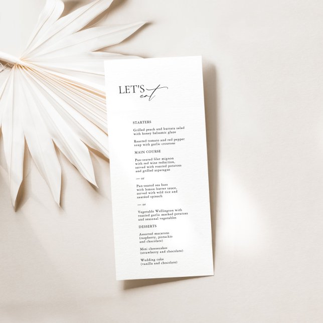 eleganten "Låt oss ät" Svartvit Bröllop Meny ("Let's Eat" Elegant Black & White Wedding Menu)