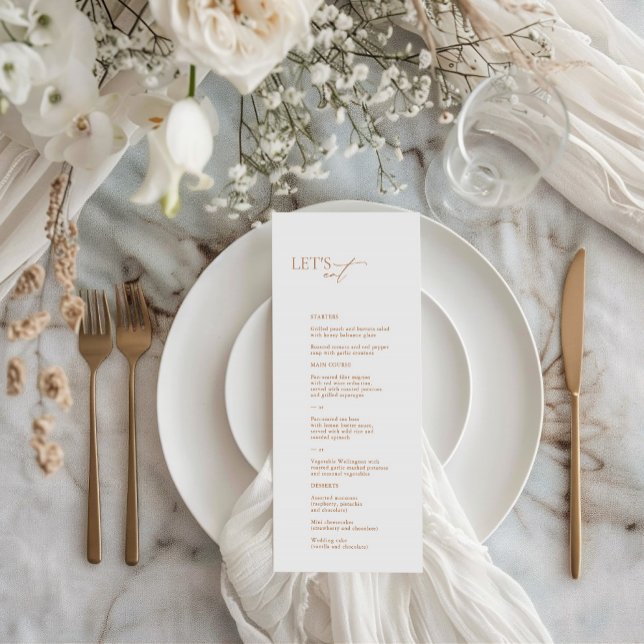 eleganten "Låt oss etat" Vit kalligrafi Bröllop Me Meny ("Let's Eat" Elegant White Calligraphy Wedding Menu)