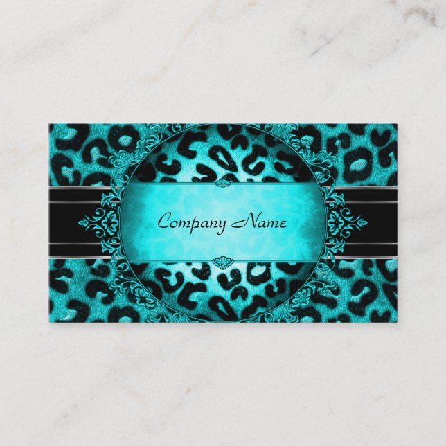 Eleganten Leopard Teal Blue Black Boutique Card Visitkort (Framsida)