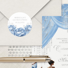 Eleganten Light Blue Blommigt Quinceanera Runt Klistermärke