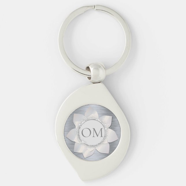 Eleganten Lotus OM Keychain i Silver Glittery Swirl Silverfärgad Nyckelring (Framsidan)