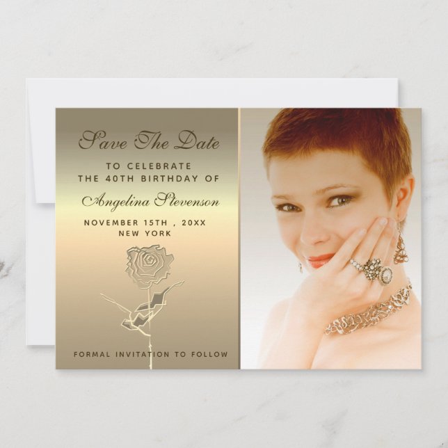 Eleganten Luxi Blommigt Guld Ro Flower Birthday Spara Datumet (Framsida)