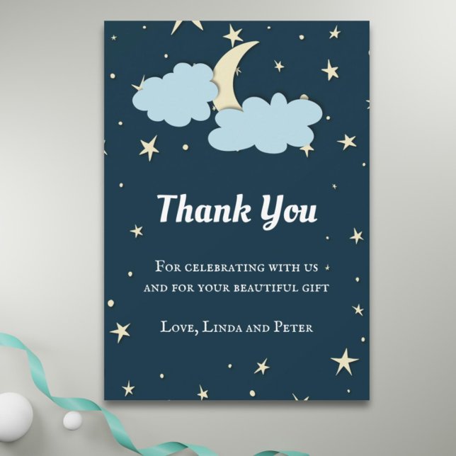 Eleganten Måne och stjärnor i Midnight Blue - Tack Kort (Midnight blue over the moon baby shower thank you card)