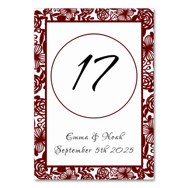 Eleganten Maroon Burgandy Bordsnummer (Framsidan)