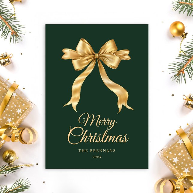 Eleganten med julfack minimalistisk Grönt Guld Julkort (Christmas Bow Elegant Minimalist Green Gold Holiday Card)