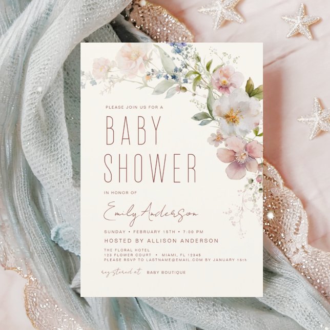 Eleganten Modern Boho Wildblomma Baby Shower Inbjudningar (Skapare uppladdad)