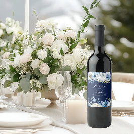 Eleganten Modern Bröllop i den blå Blommigten Vinflaska Etikett