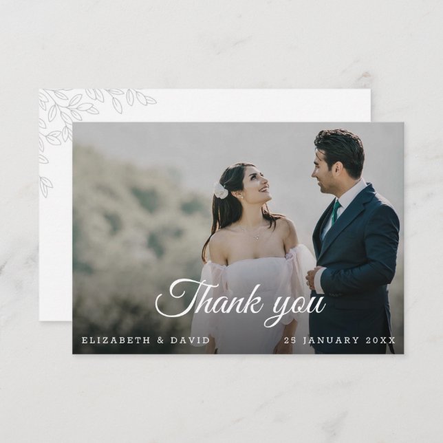 Eleganten Modern Minimal Löv Photo Script Bröllop Tack Kort (Fram/baksida)