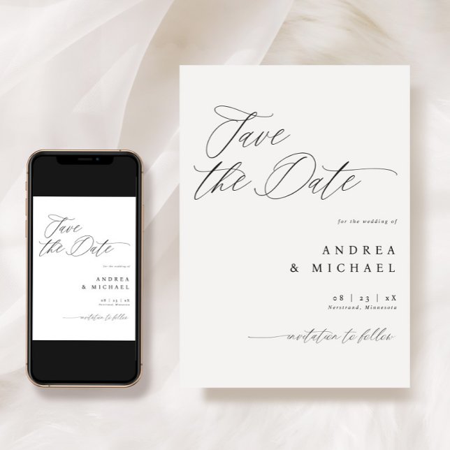 Eleganten Modern Save Date Card Romantic Spara Datumet (Modern Save the Date Cards - Romantic Calligraphy Wedding - Black and White - Downloadable)