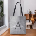 Eleganten Monogram Bok Bag i Luxury Silver Gnistra Tygkasse<br><div class="desc">Luxury Silver Faux Gnistra och Glitter Elegant Monogram Bok Bag. Den här Bok-sidan kan anpassas så att den omfattar ditt första och första namn.</div>
