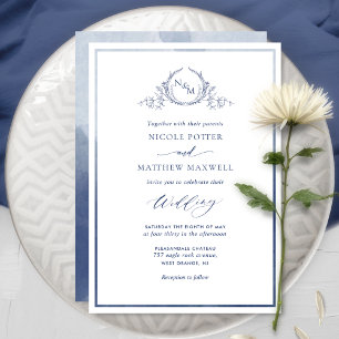 Eleganten Monogram Bröllop i marinblå vattenfärg Inbjudningar