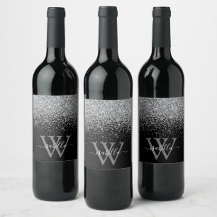 Eleganten  Namn i Slever Black Glitter Vinflaska Etikett