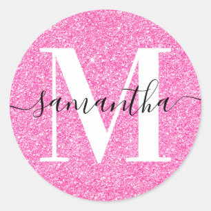 Eleganten Namnteckning Modern Monogram Rosa Glitte Runt Klistermärke