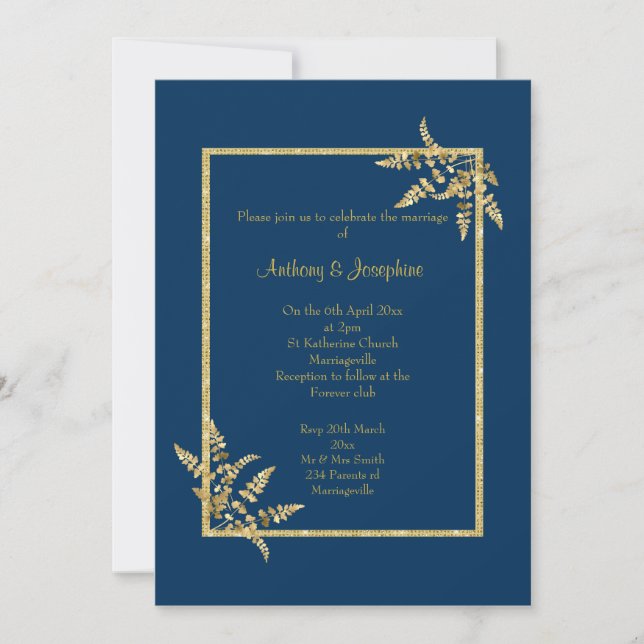Eleganten Navy Blue Guld CLASSIC BRÖLLOP Inbjudningar (Framsida)