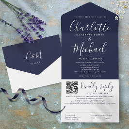 Eleganten Navy Blue Modern Script QR Code Bröllop