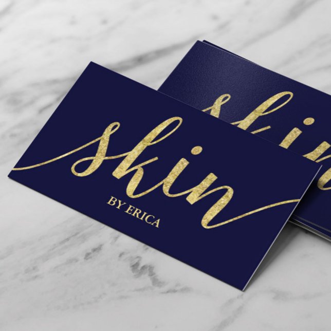 Eleganten Navy för Skin Care Guld Script Esthetici Visitkort (Skapare uppladdad)