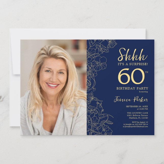 Eleganten Navy Guld Surprise Photo 60 Birthday Inbjudningar (Framsida)