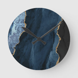 Eleganten Navy och Guld Agate Luxe Rund Klocka