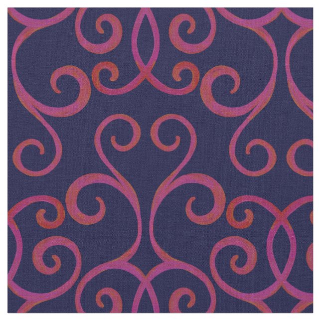Eleganten Navy Red Swirly Damask Pattern Mörk blåt Tyg (Närbild)