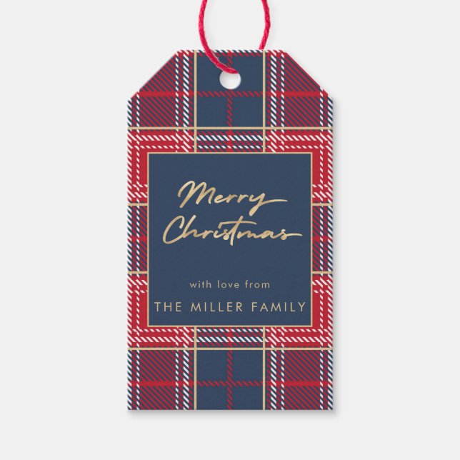 Eleganten Navy Red Tartan Play Faux Guld Presentetikett (Framsidan)