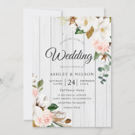 Eleganten och vita blommor Vit Wood Bröllop Inbjudningar