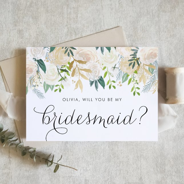 Eleganten om elfenbenstorn.. blir du min bridesmai kort (Floral bridesmaid card with watercolor ivory flowers, greenery, and faux gold foil accent.)