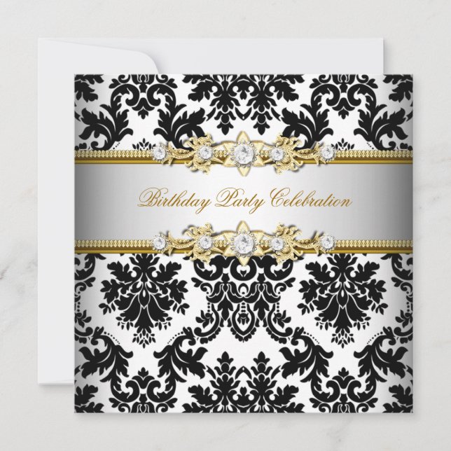 Eleganten Party i Damask Black White Guld Silver C Inbjudningar (Framsida)