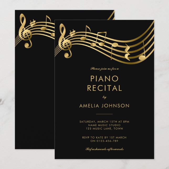 Eleganten Piano Skäl Guld Musik noter Inbjudningar (Fram/baksida)