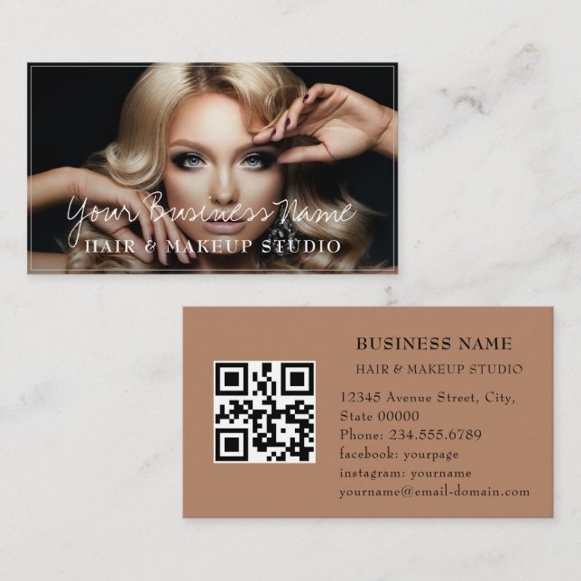 eleganten QR-kod för hårstilist-kundfotoskript Visitkort (Fram/baksida)