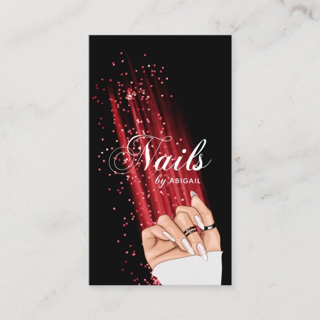 Eleganten QR-kod för Nail Art Red Glitter Visitkort (Framsida)