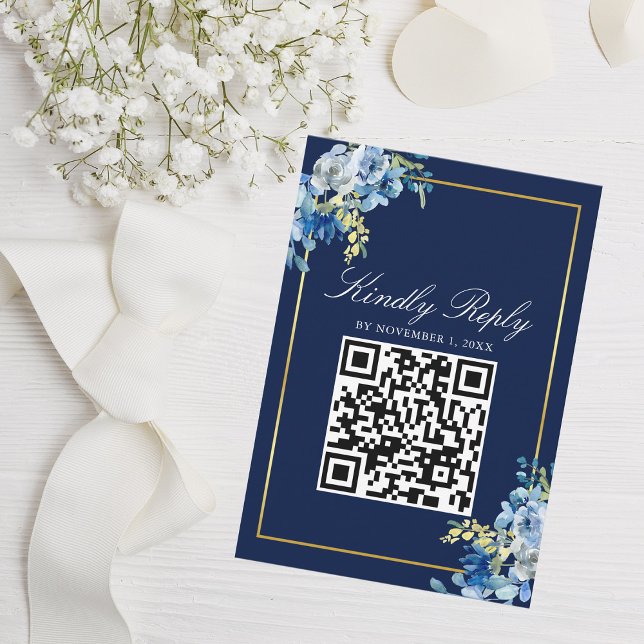 Eleganten Qr-koden Bröllop för marinblått Guld-Blo OSA Kort (Skapare uppladdad)