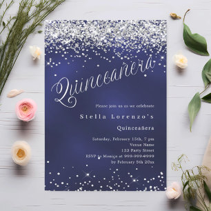 Eleganten Quinceanera, blåblått silver Inbjudningar
