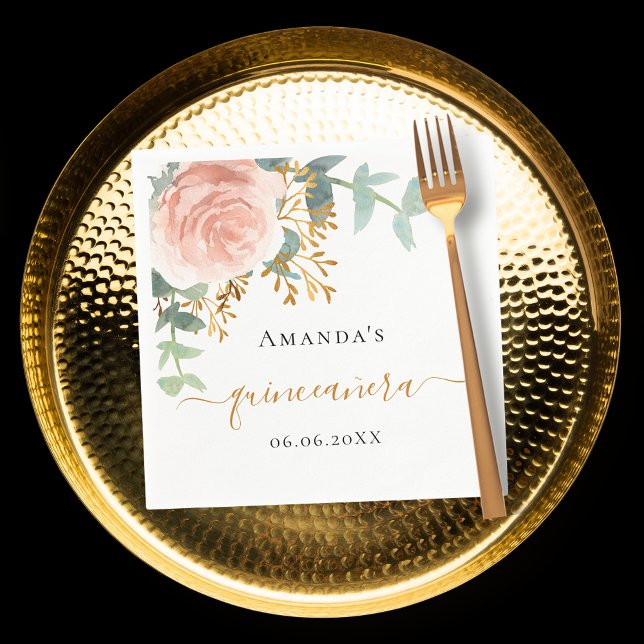 eleganten Quinceanera, blommigt guld, ro Pappersservett (Skapare uppladdad)