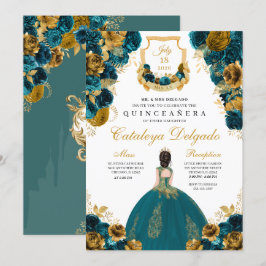 Eleganten Quinceañera, Blommigten Teal Blue & Guld Inbjudningar
